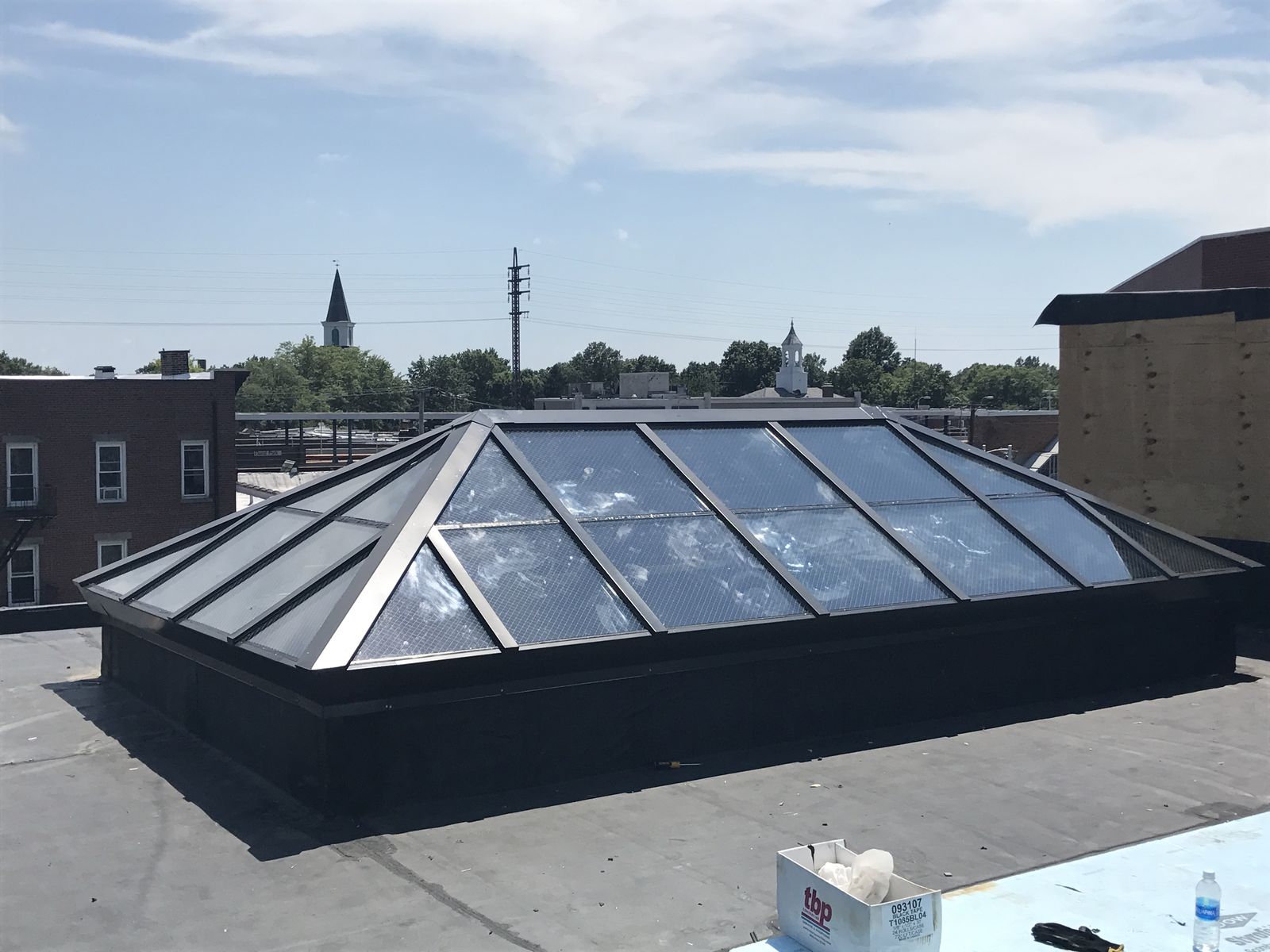 Commercial pyramid skylight, blackout glazing