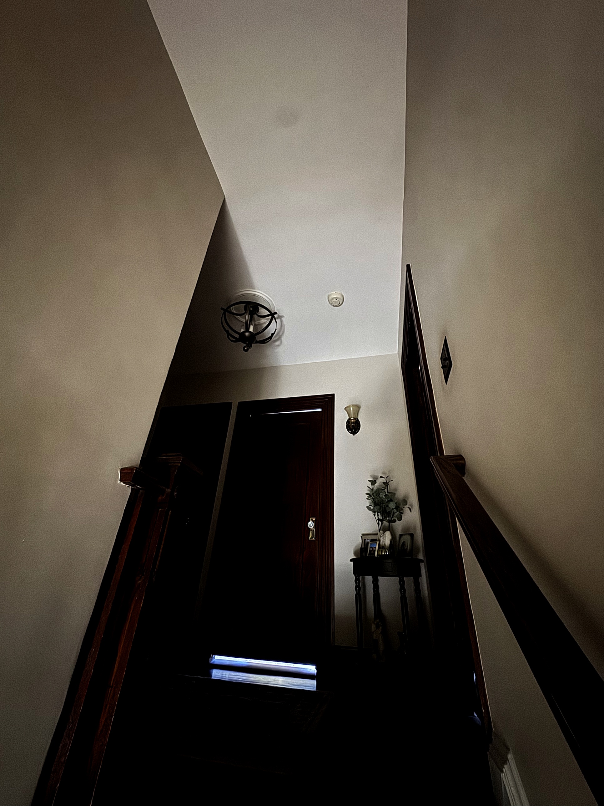 Dark Staten Island stairwell with no window, lit only by light spilling up from the first floor